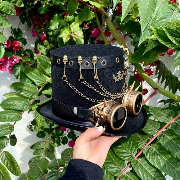 Steampunk Top Hat Metallic Scientist Time Traveler Halloween Costume Cosplay Hat - Picture 3 of 4